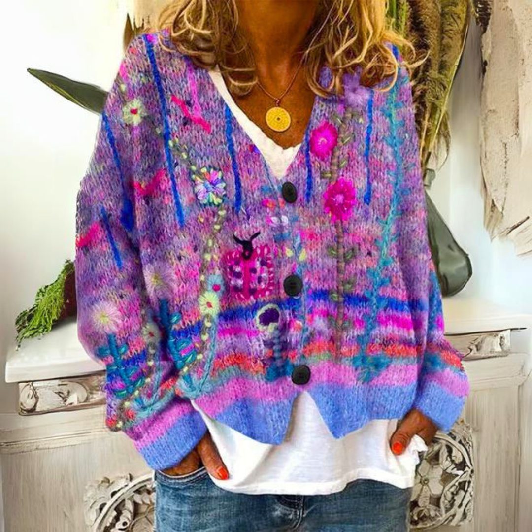 Cardigan Boutonné à Fleurs Manches Longues pour Femme - Lilas