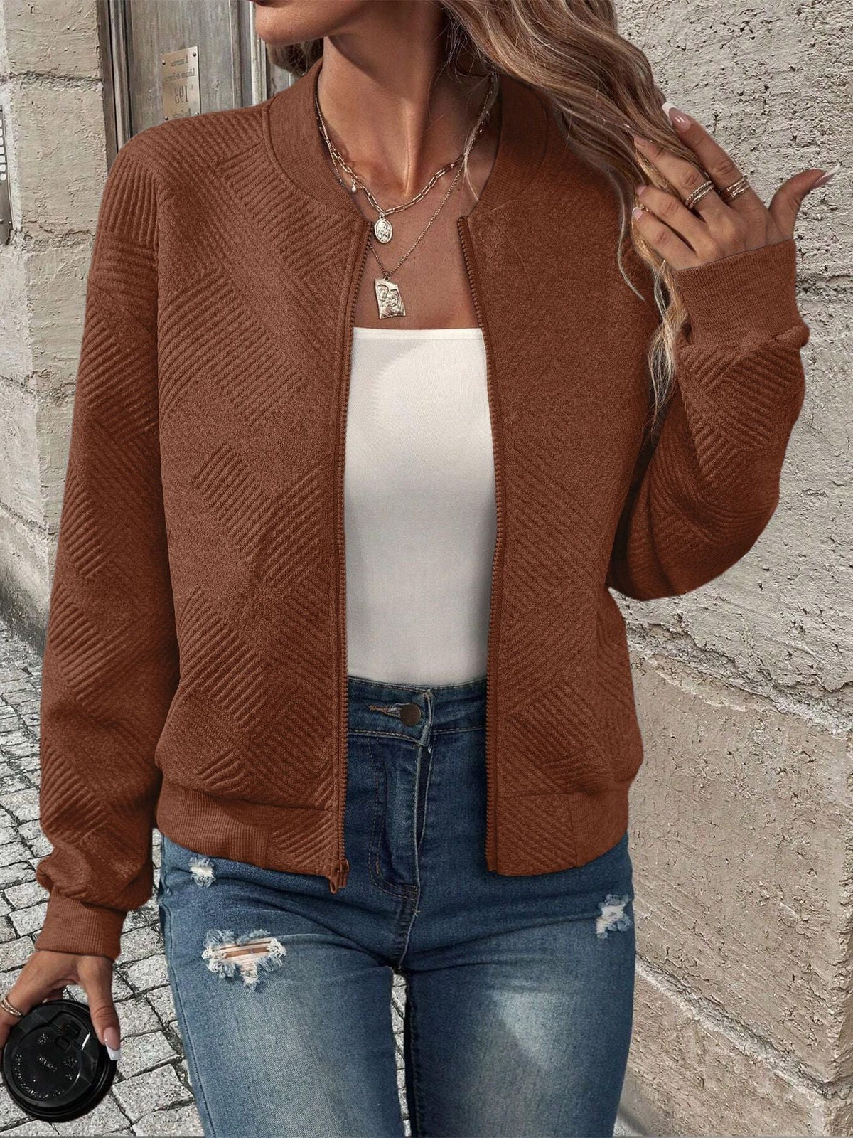 Cardigan Côtelé à Fermeture Éclair pour Femme - Marron