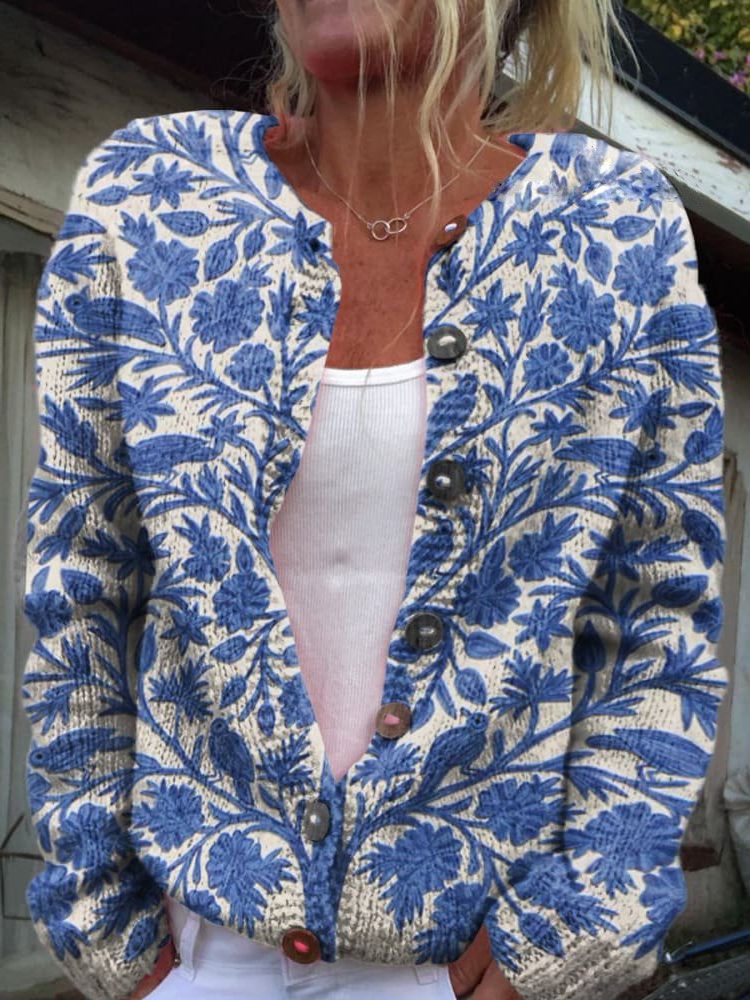 Cardigan à Fleurs Boutonné pour Femme