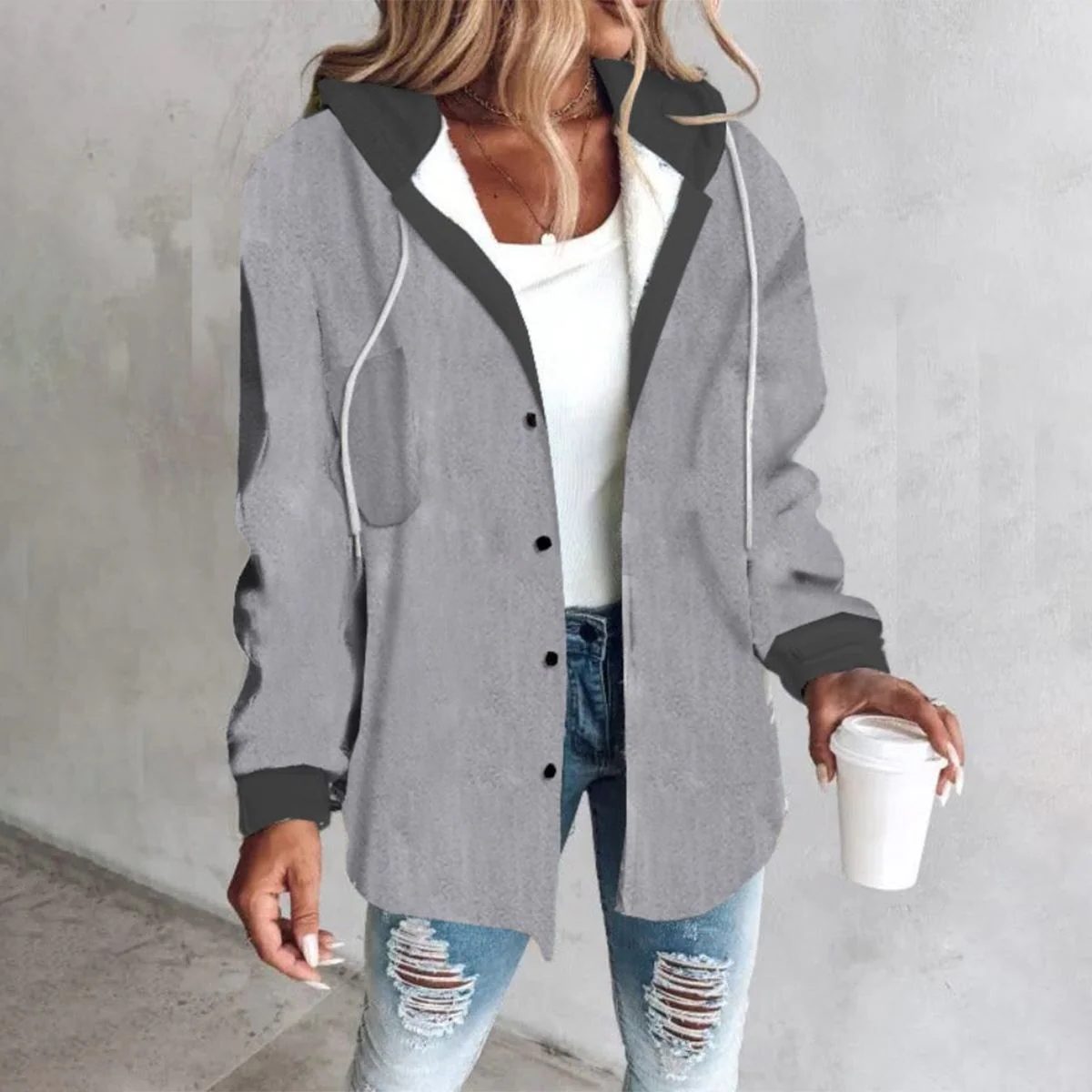 Cardigan à Rayures Oversize avec Fermeture Éclair pour Femme - Gris