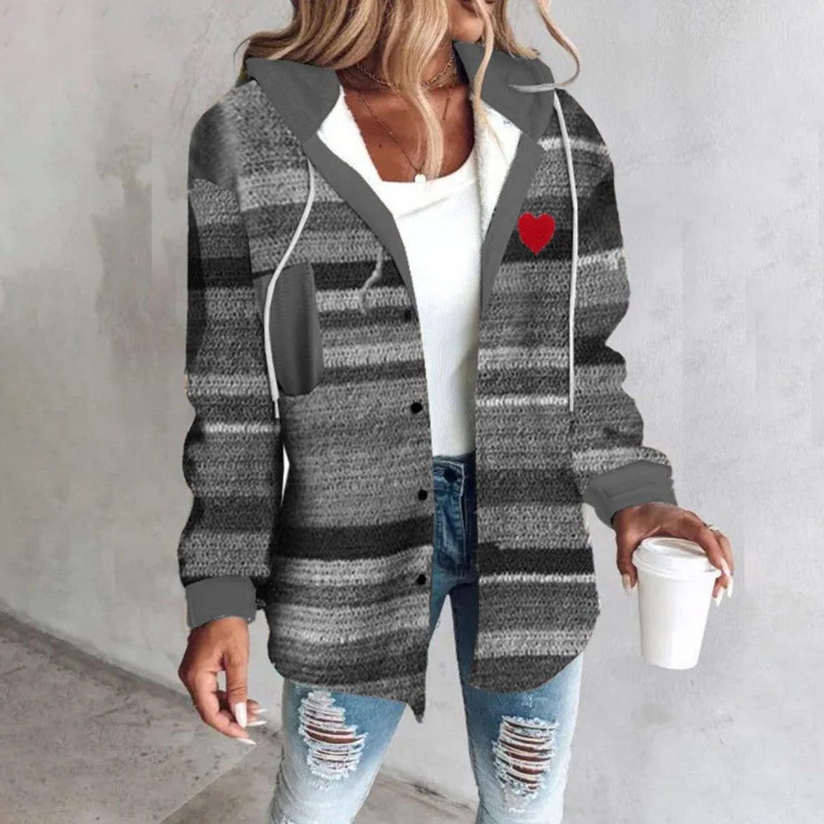 Cardigan à Rayures Oversize avec Fermeture Éclair pour Femme - Gris rayé