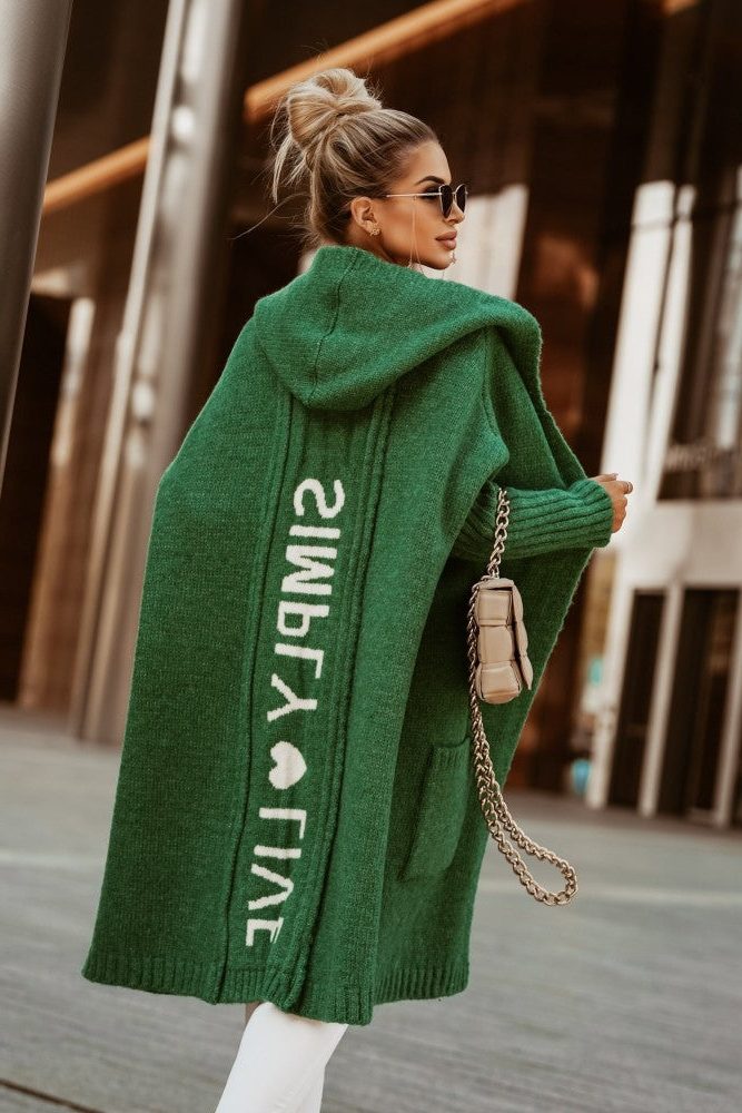 Cardigan Tricoté à Capuche avec Poches pour Femme - Vert