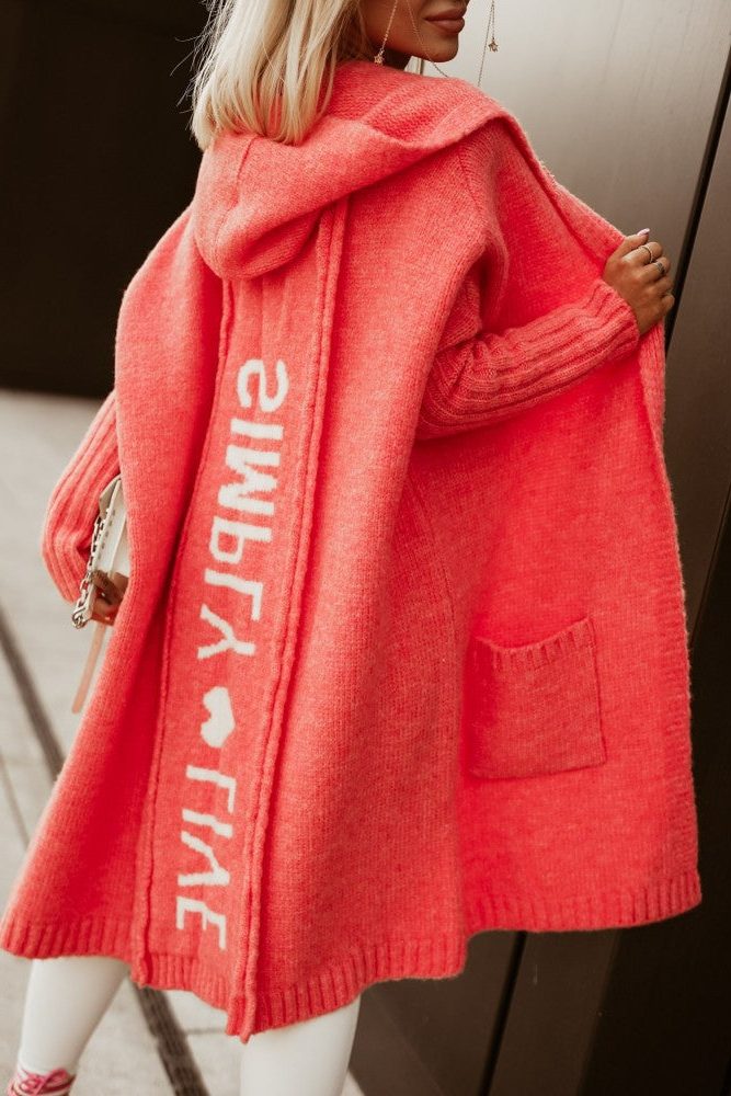 Cardigan Tricoté à Capuche avec Poches pour Femme - Orange rouge