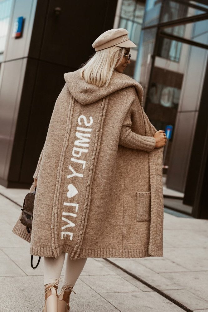 Cardigan Tricoté à Capuche avec Poches pour Femme - Beige