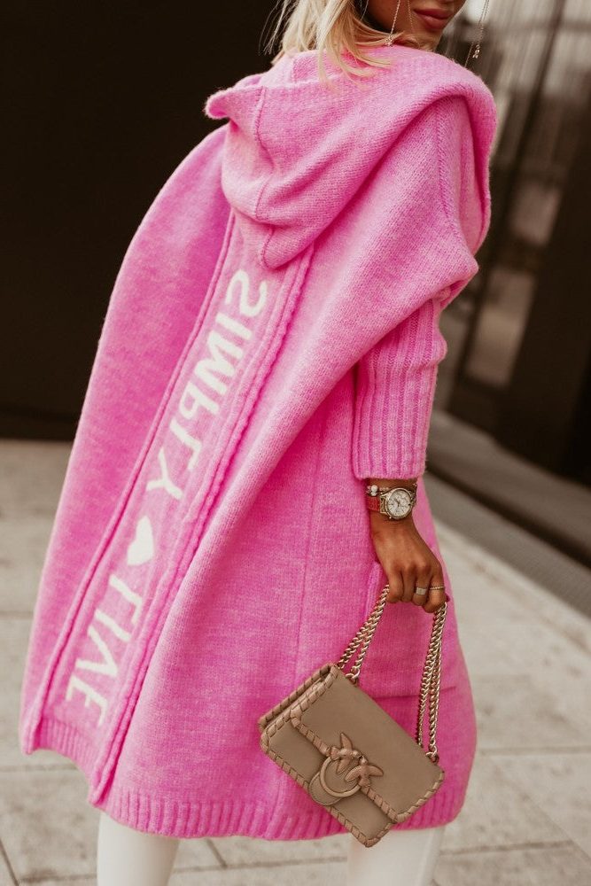 Cardigan Tricoté à Capuche avec Poches pour Femme - Magenta