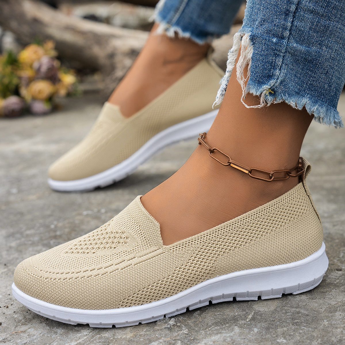 Chaussures Slip-On à Maille Aérée pour Femme - Beige