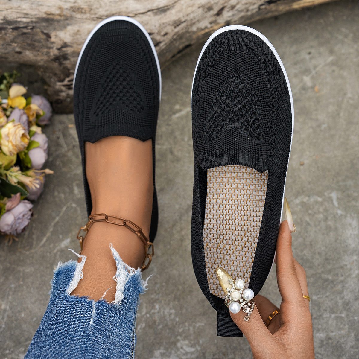 Chaussures Slip-On à Maille Aérée pour Femme - Noir