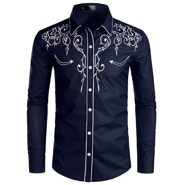 Chemise Brodée avec Col Montant pour Homme - Indigo