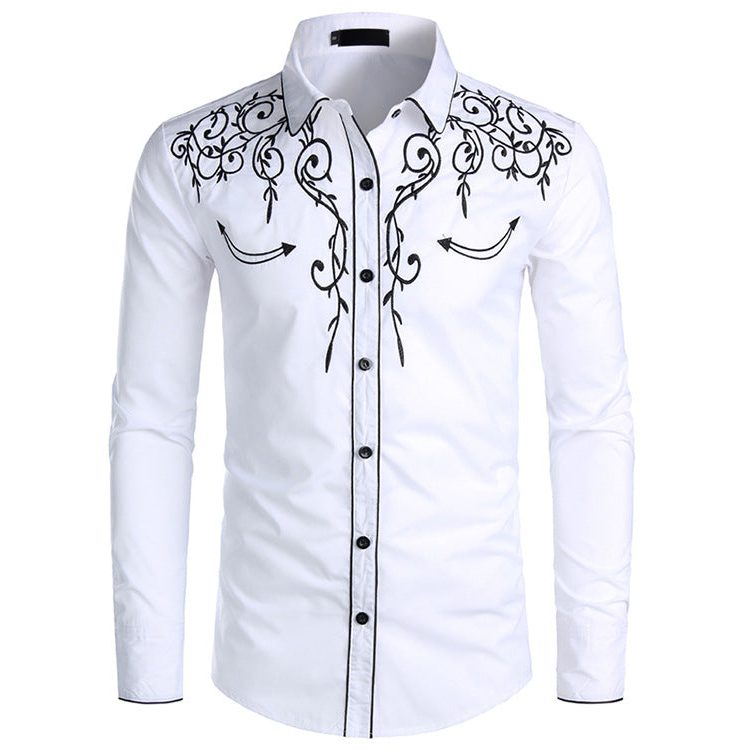 Chemise Brodée avec Col Montant pour Homme - Blanc