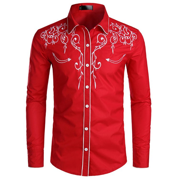 Chemise Brodée avec Col Montant pour Homme - Rouge