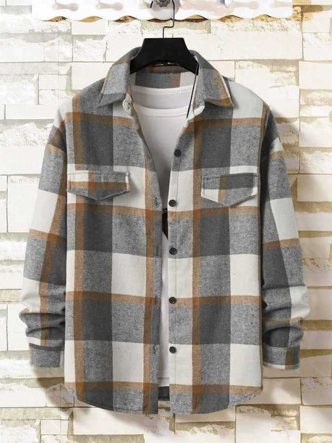 Chemise à Carreaux Boutonnée à Manches Longues pour Homme - Gris ardoise
