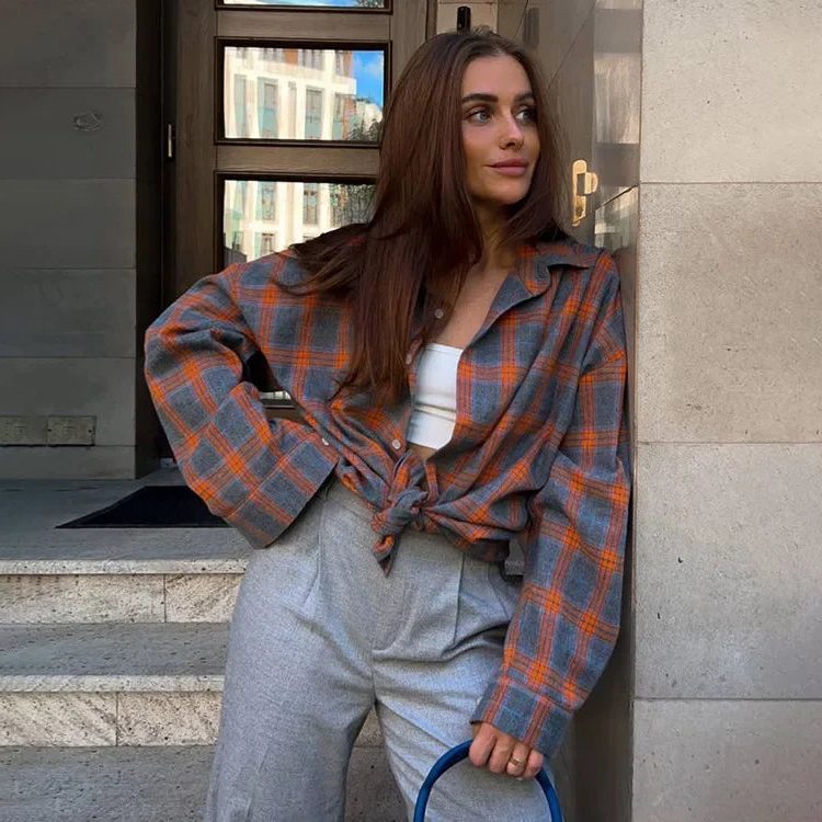 Chemise à Carreaux Manches Longues pour Femme - Orange