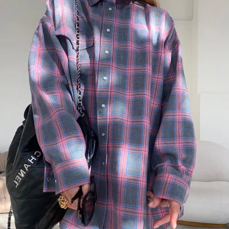Chemise à Carreaux Manches Longues pour Femme - Rose