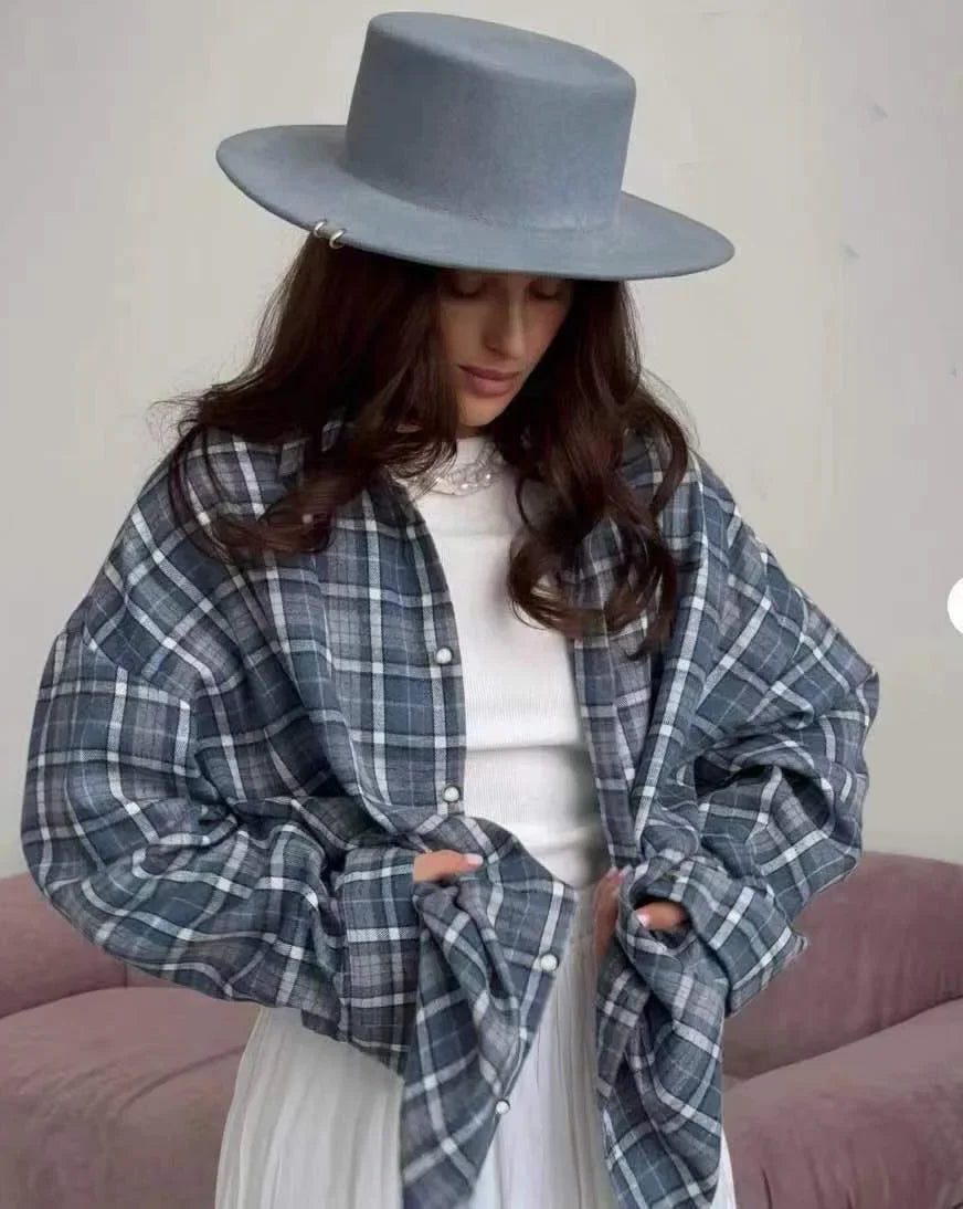 Chemise à Carreaux Manches Longues pour Femme - Bleu