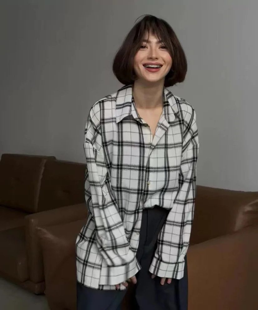 Chemise à Carreaux Manches Longues pour Femme - Blanc