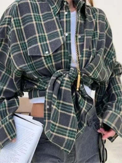 Chemise à Carreaux Manches Longues pour Femme - Vert foncé