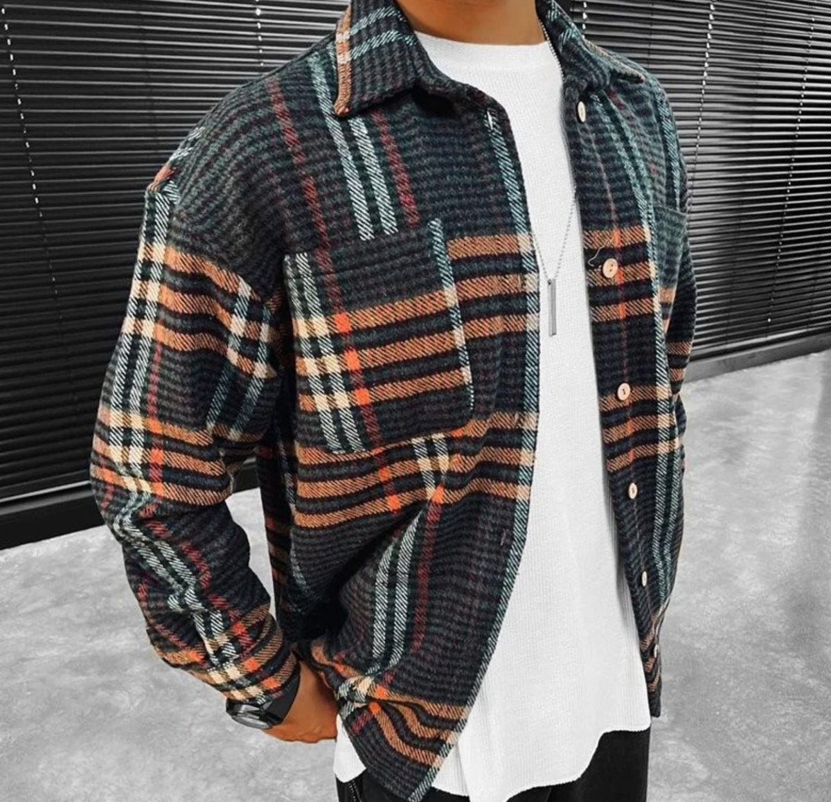 Chemise à Carreaux Surdimensionnée pour Homme - Noir-Orange