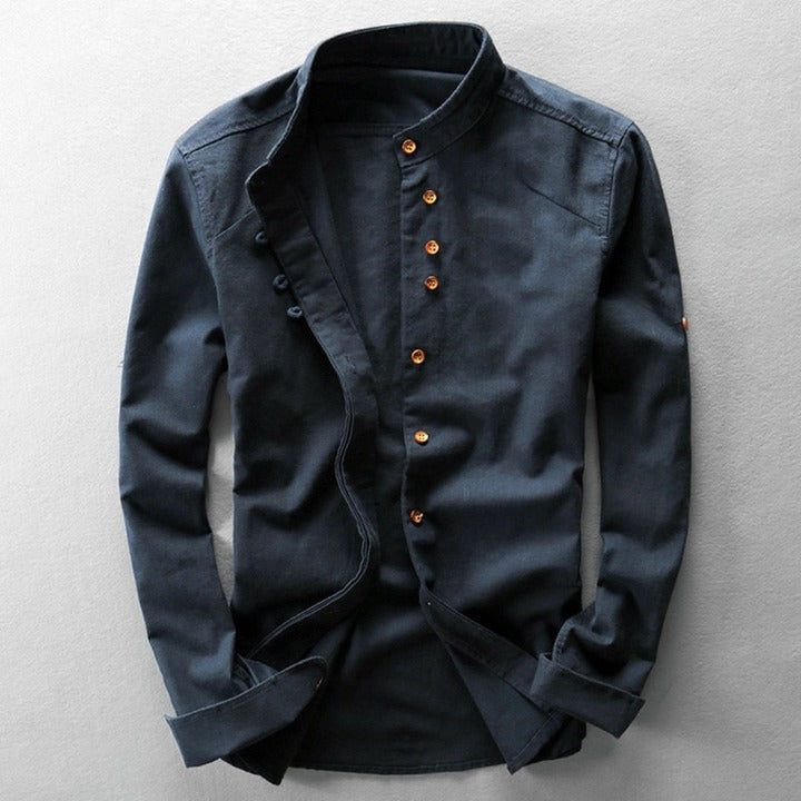 Chemise à Col Montant en Lin-Coton pour Femme