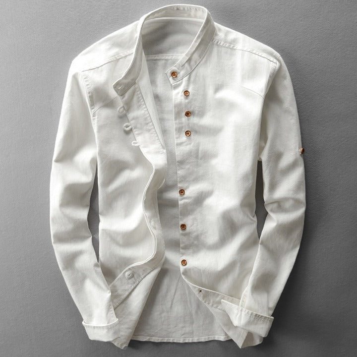 Chemise à Col Montant en Lin-Coton pour Femme