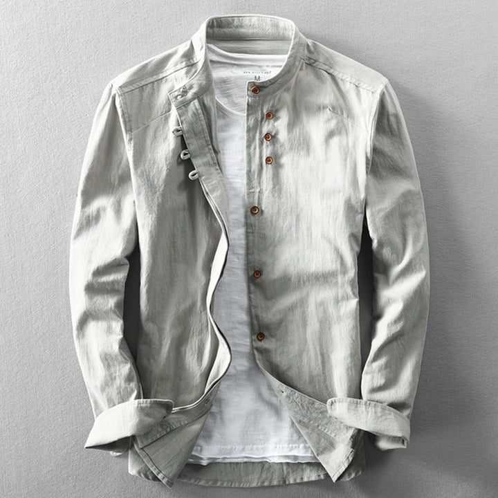 Chemise à Col Montant en Lin-Coton pour Femme - Gris