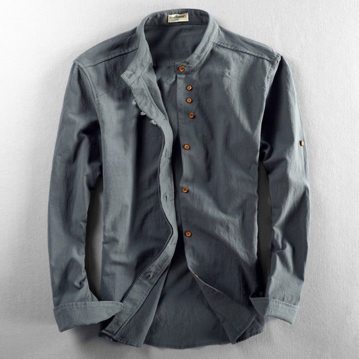 Chemise à Col Montant en Lin-Coton pour Femme - Gris foncé