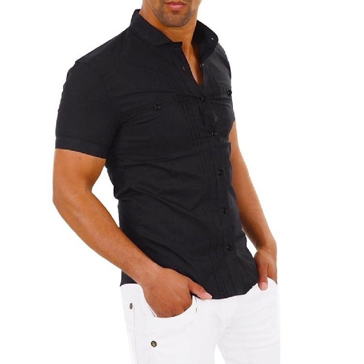 Chemise à Col Montant Manches Courtes pour Homme - Noir