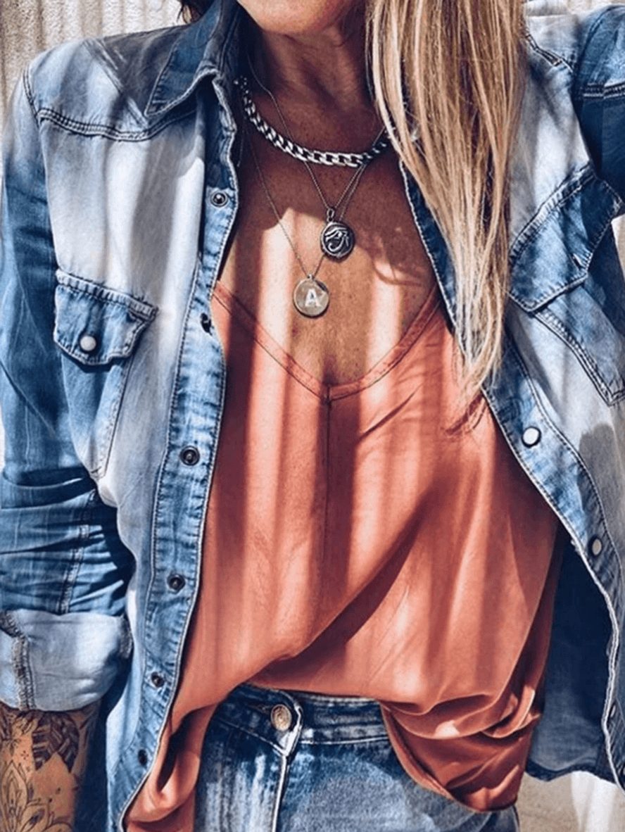 Chemise en Jean Boutonnée avec Poches pour Femme - View 3