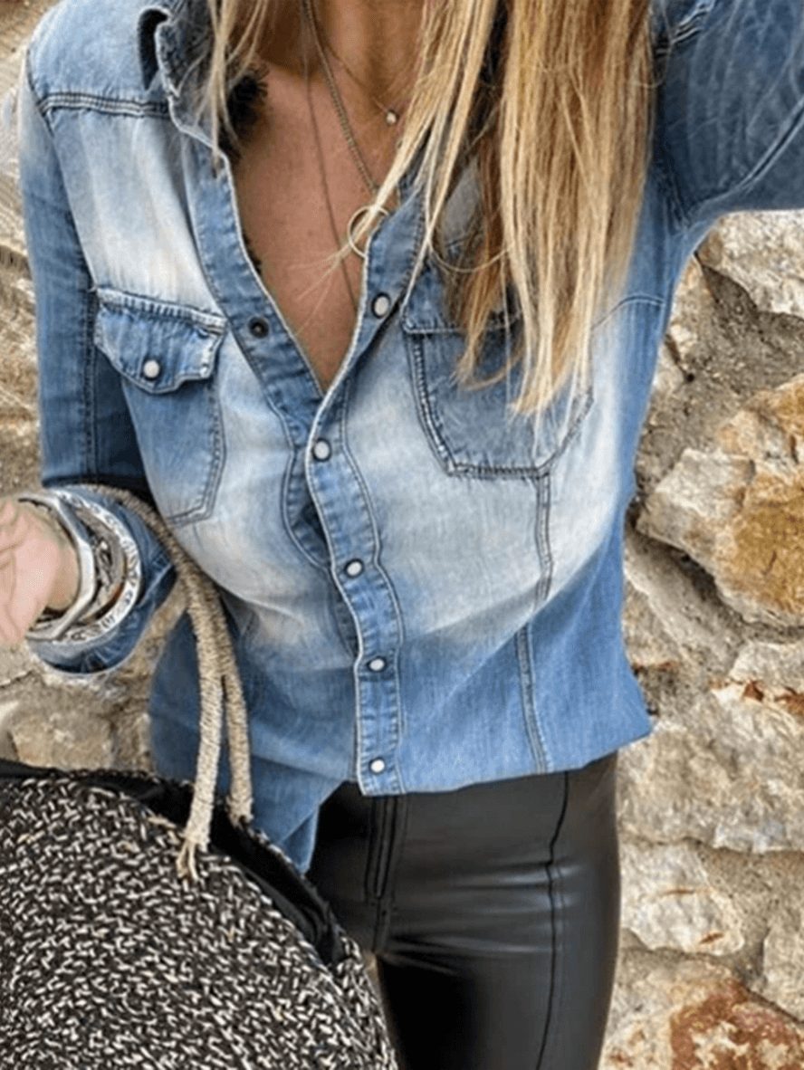 Chemise en Jean Boutonnée avec Poches pour Femme - View 4