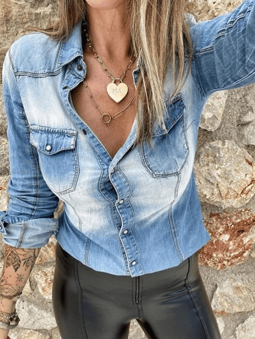 Chemise en Jean Boutonnée avec Poches pour Femme - View 5
