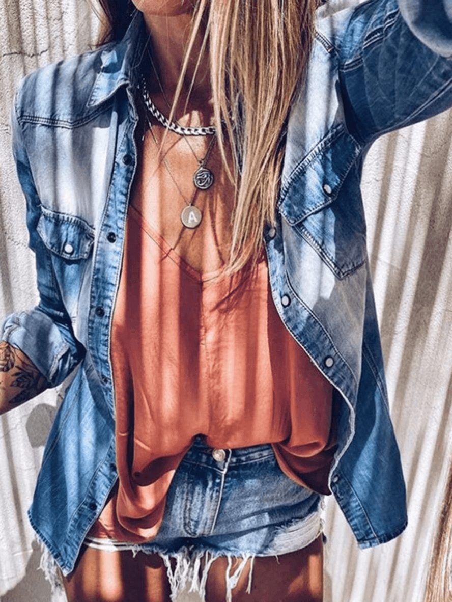 Chemise en Jean Boutonnée avec Poches pour Femme - View 6