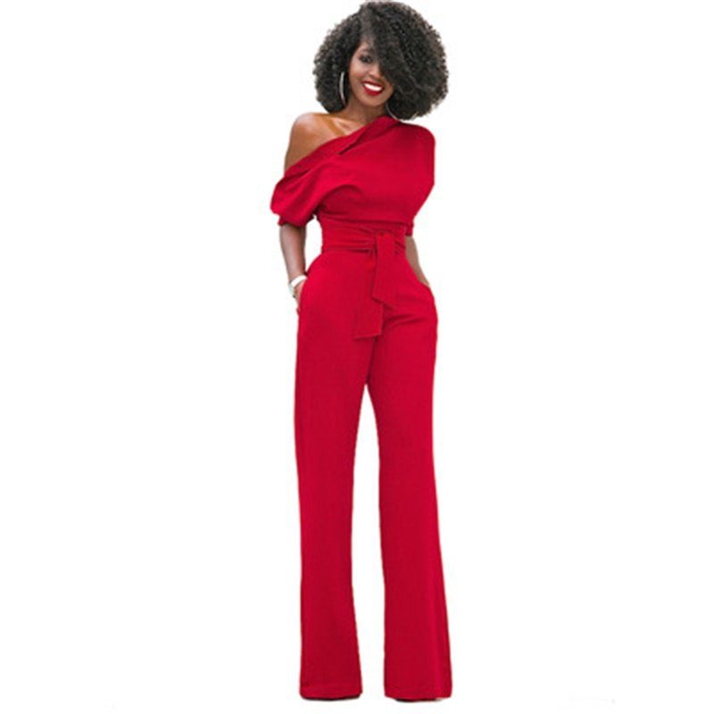 Combinaison Épaule Dénudée avec Ceinture pour Femme - Rouge