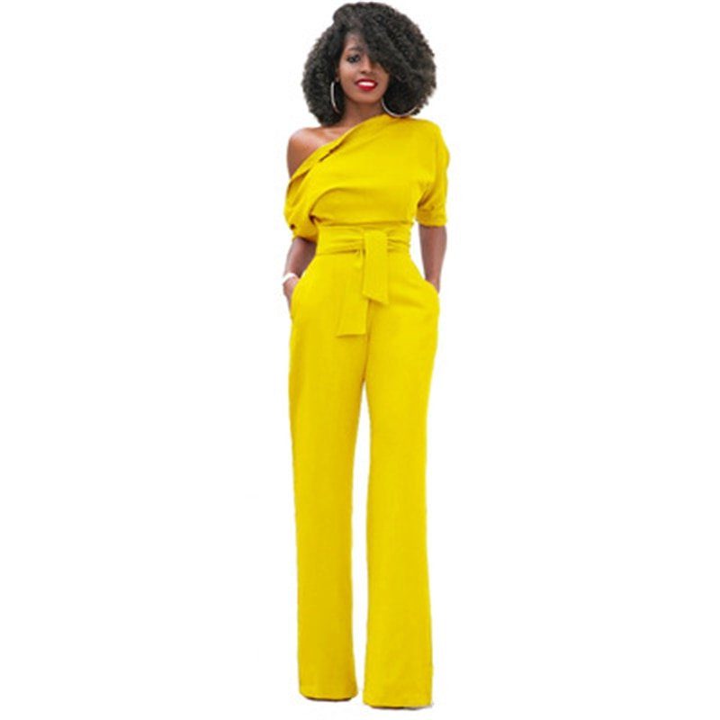 Combinaison Épaule Dénudée avec Ceinture pour Femme - Jaune