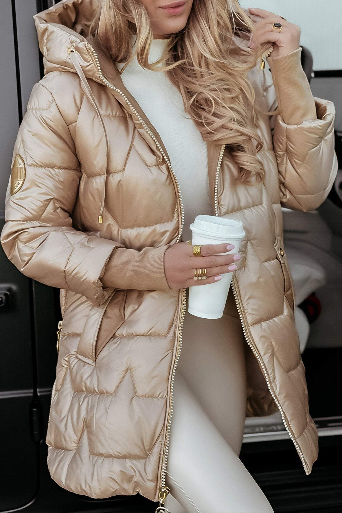 Doudoune Longue Matelassée à Fermeture Éclair pour Femme - Beige
