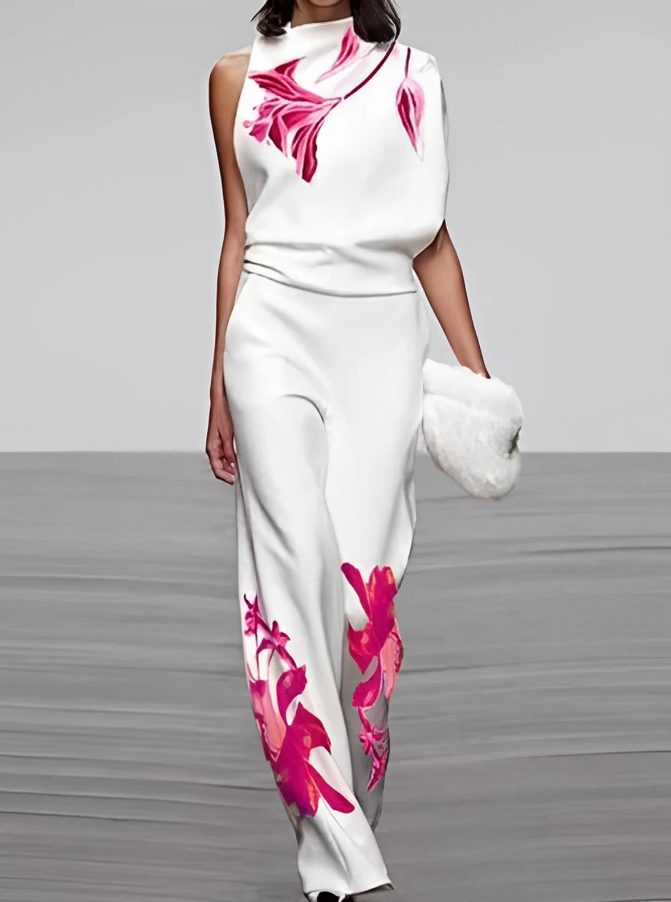 Ensemble 2 Pièces Col Montant à Fleurs pour Femme - Blanc