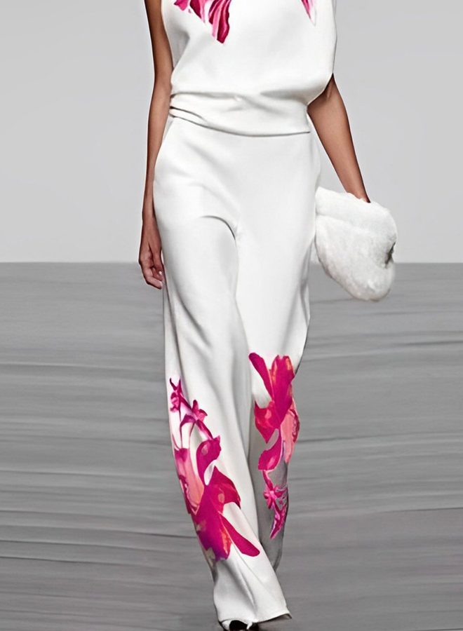 Ensemble 2 Pièces Col Montant à Fleurs pour Femme