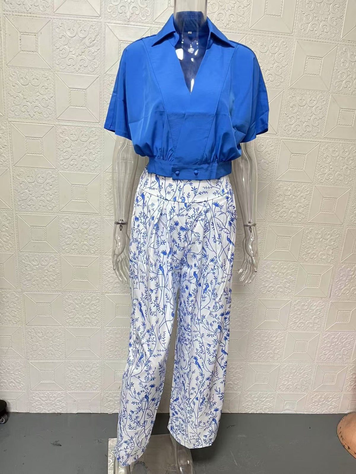 Ensemble 2 Pièces Col V Pantalon Large pour Femme - View 8