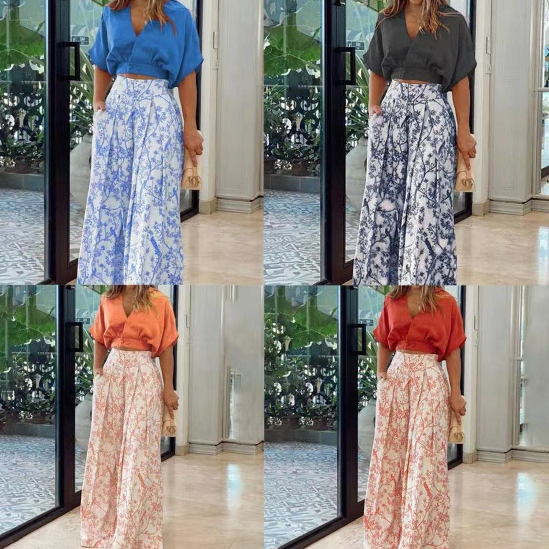 Ensemble 2 Pièces Col V Pantalon Large pour Femme