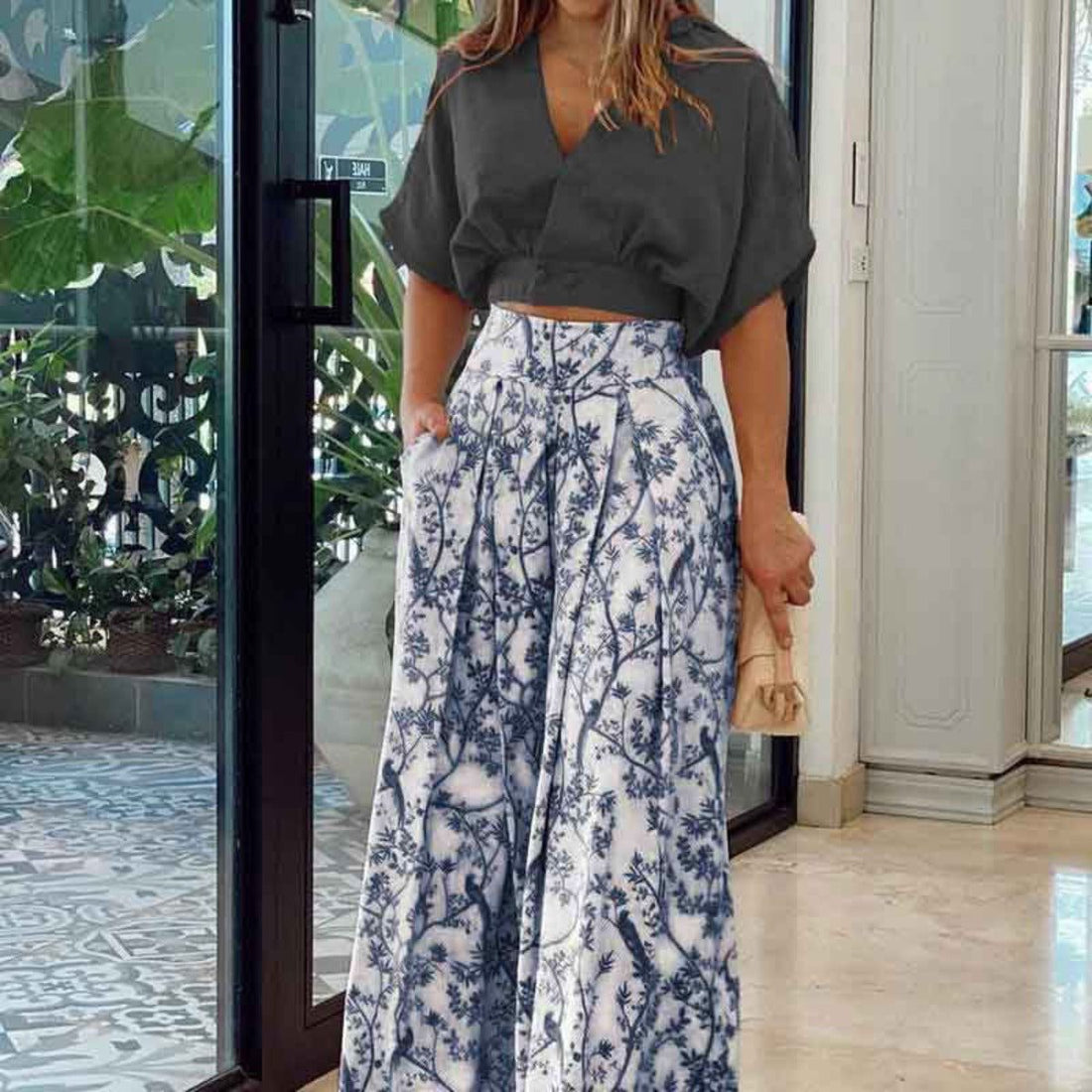 Ensemble 2 Pièces Col V Pantalon Large pour Femme
