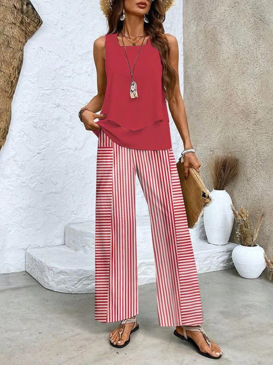 Ensemble 2 Pièces Floral avec Débardeur pour Femme - Rouge