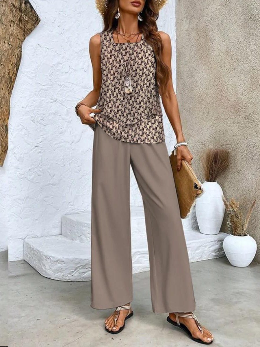 Ensemble 2 Pièces Floral avec Débardeur pour Femme - Marron