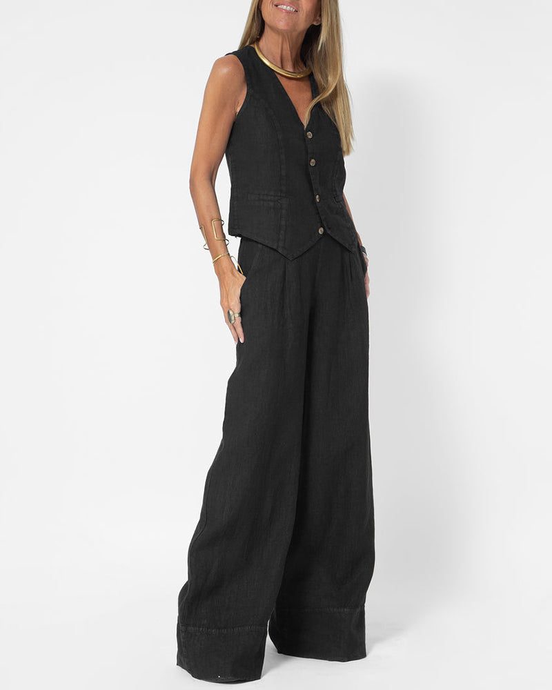 Ensemble 2 Pièces Pantalon Large en Lin avec Gilet pour Femme - Noir