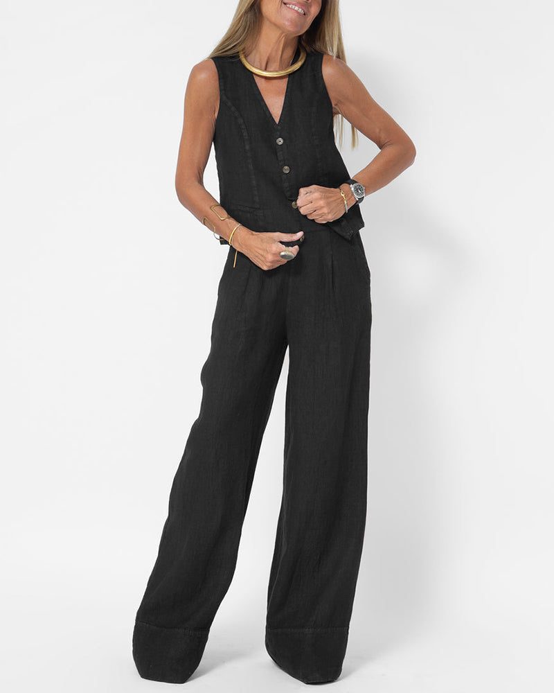 Ensemble 2 Pièces Pantalon Large en Lin avec Gilet pour Femme - View 4