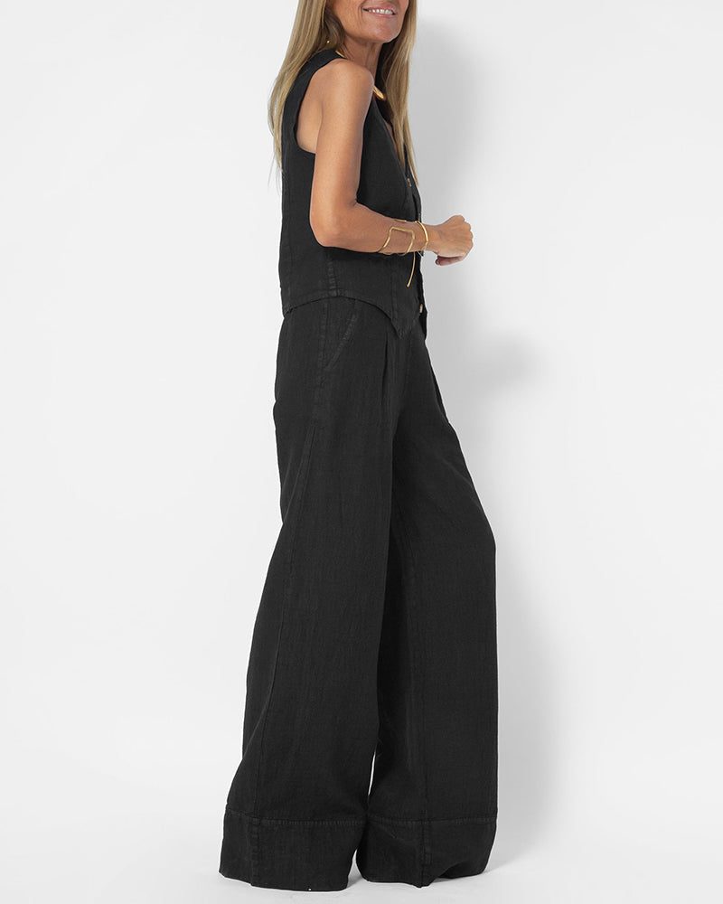 Ensemble 2 Pièces Pantalon Large en Lin avec Gilet pour Femme - View 6