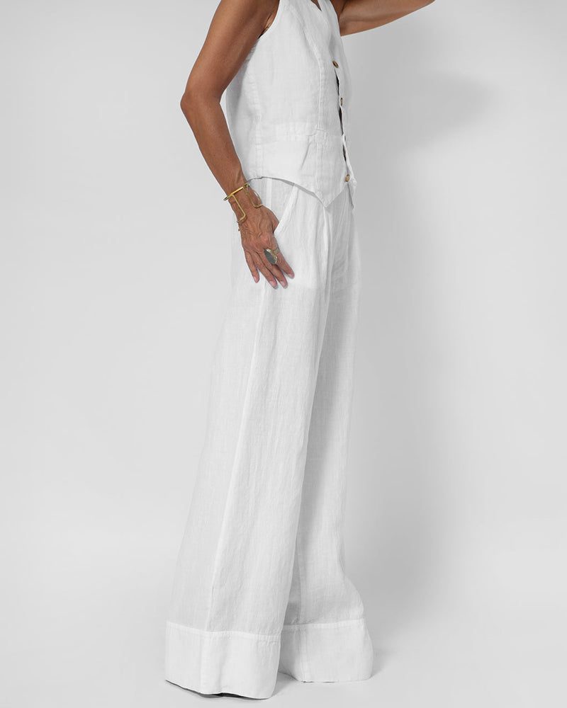 Ensemble 2 Pièces Pantalon Large en Lin avec Gilet pour Femme - View 7