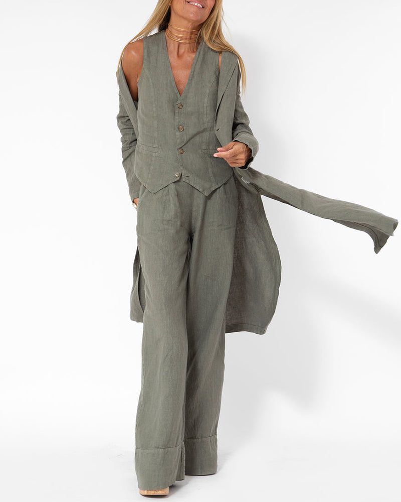 Ensemble 2 Pièces Pantalon Large en Lin avec Gilet pour Femme - View 9