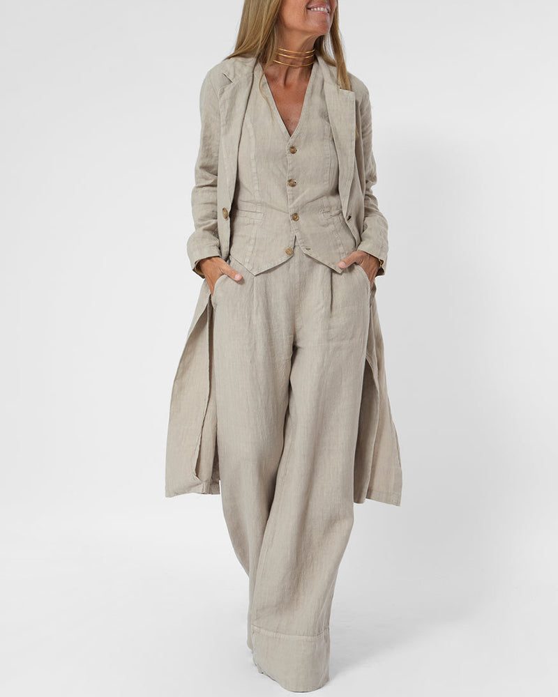 Ensemble 2 Pièces Pantalon Large en Lin avec Gilet pour Femme