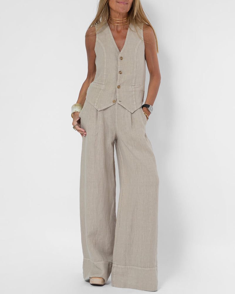 Ensemble 2 Pièces Pantalon Large en Lin avec Gilet pour Femme - Gris