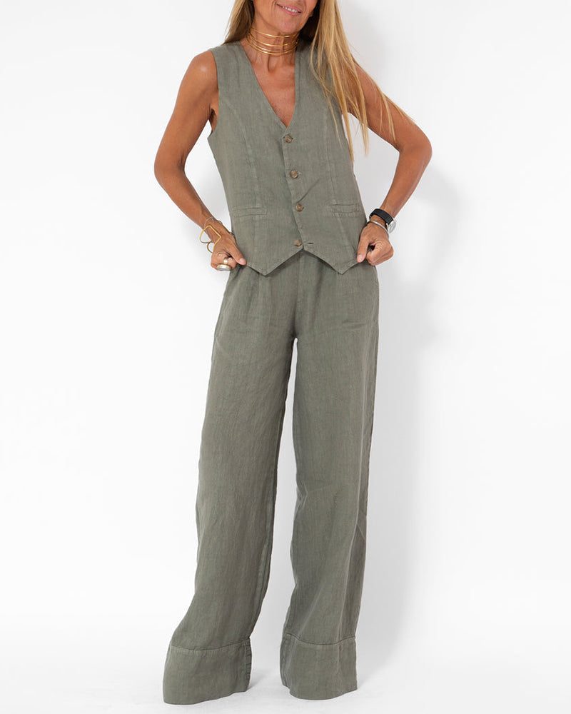 Ensemble 2 Pièces Pantalon Large en Lin avec Gilet pour Femme - Gris foncé