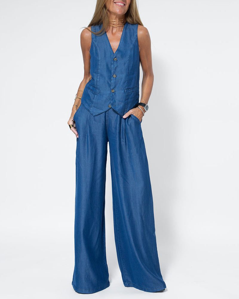 Ensemble 2 Pièces Pantalon Large en Lin avec Gilet pour Femme - Bleu