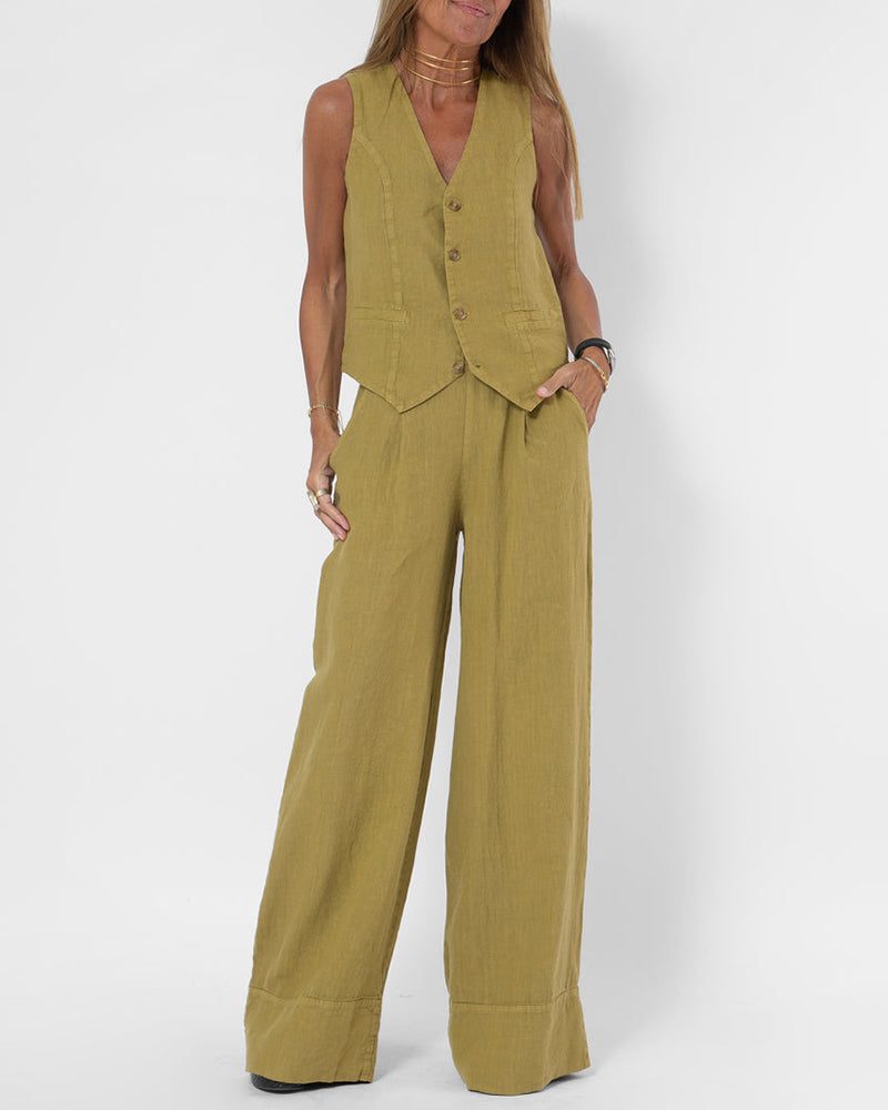 Ensemble 2 Pièces Pantalon Large en Lin avec Gilet pour Femme - Jaune